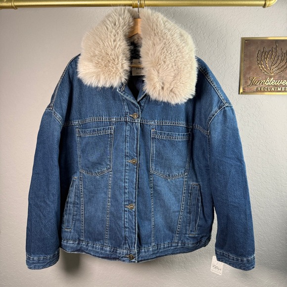 We The Free Free People Blue Denim Jacket Faux Fur Collar Quilted Lining L Large - Picture 8 of 8